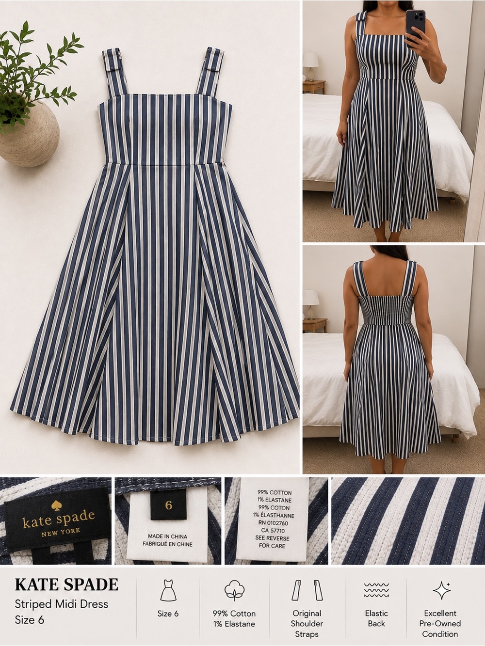 Kate Spade Navy and White Striped Midi Dress